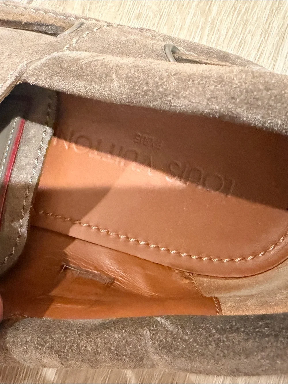 Louis Vuitton Men’s Suede Boat Shoes in Taupe with Red Soles